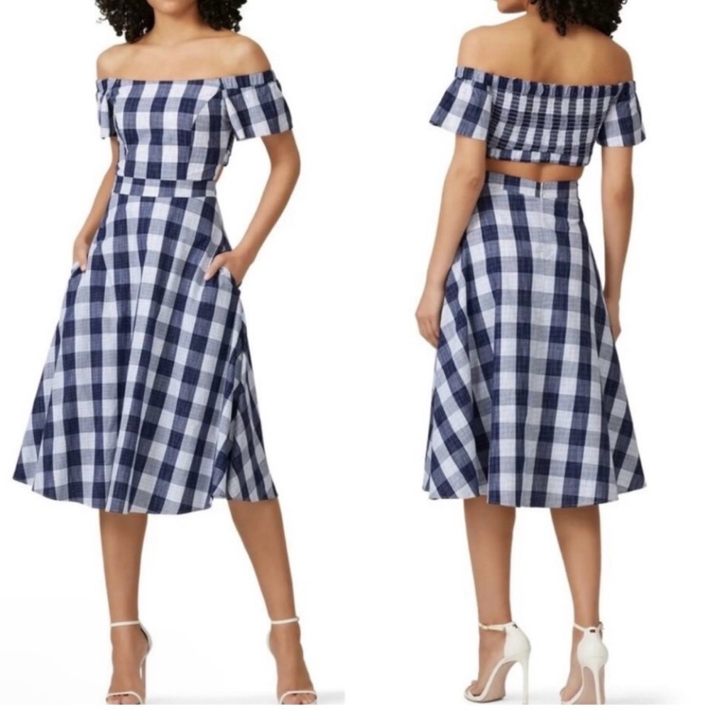 Adelyn Rae Navy and White Gingham Set - Off-Shoulder Crop Top & Skirt